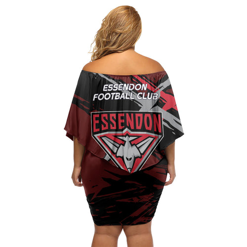 Essendon Football Club Family Matching Off Shoulder Short Dress and Hawaiian Shirt Bombers Muscular Mascot Graphic - Abstract Paint Splatter Art