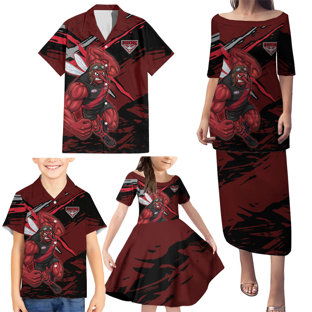 Essendon Football Club Family Matching Puletasi and Hawaiian Shirt Bombers Muscular Mascot Graphic - Abstract Paint Splatter Art