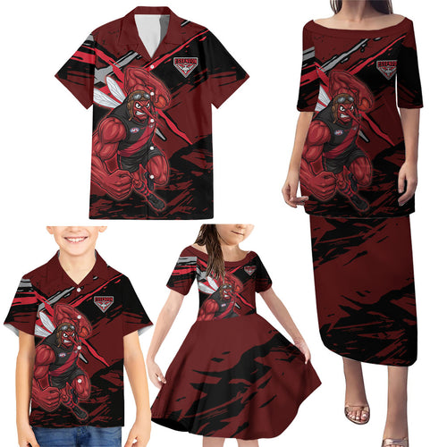 Essendon Football Club Family Matching Puletasi and Hawaiian Shirt Bombers Muscular Mascot Graphic - Abstract Paint Splatter Art