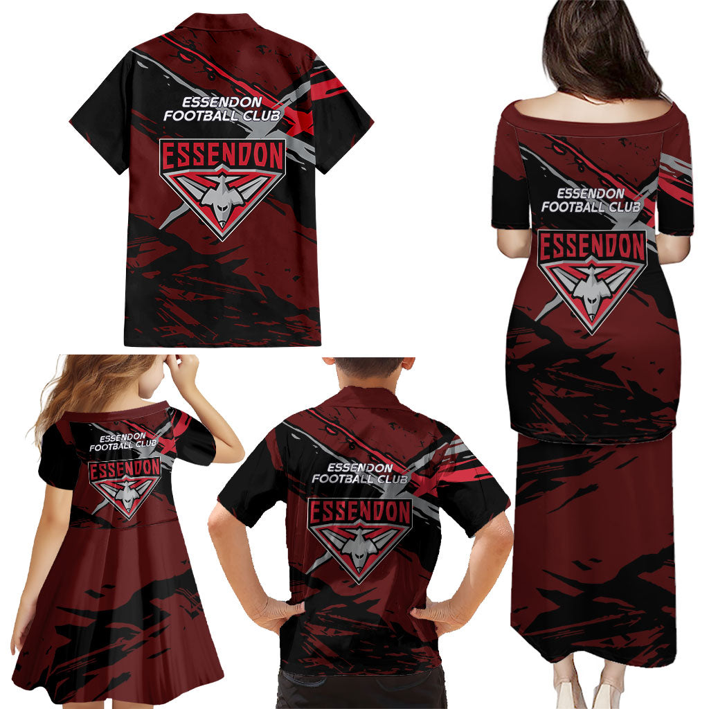 Essendon Football Club Family Matching Puletasi and Hawaiian Shirt Bombers Muscular Mascot Graphic - Abstract Paint Splatter Art