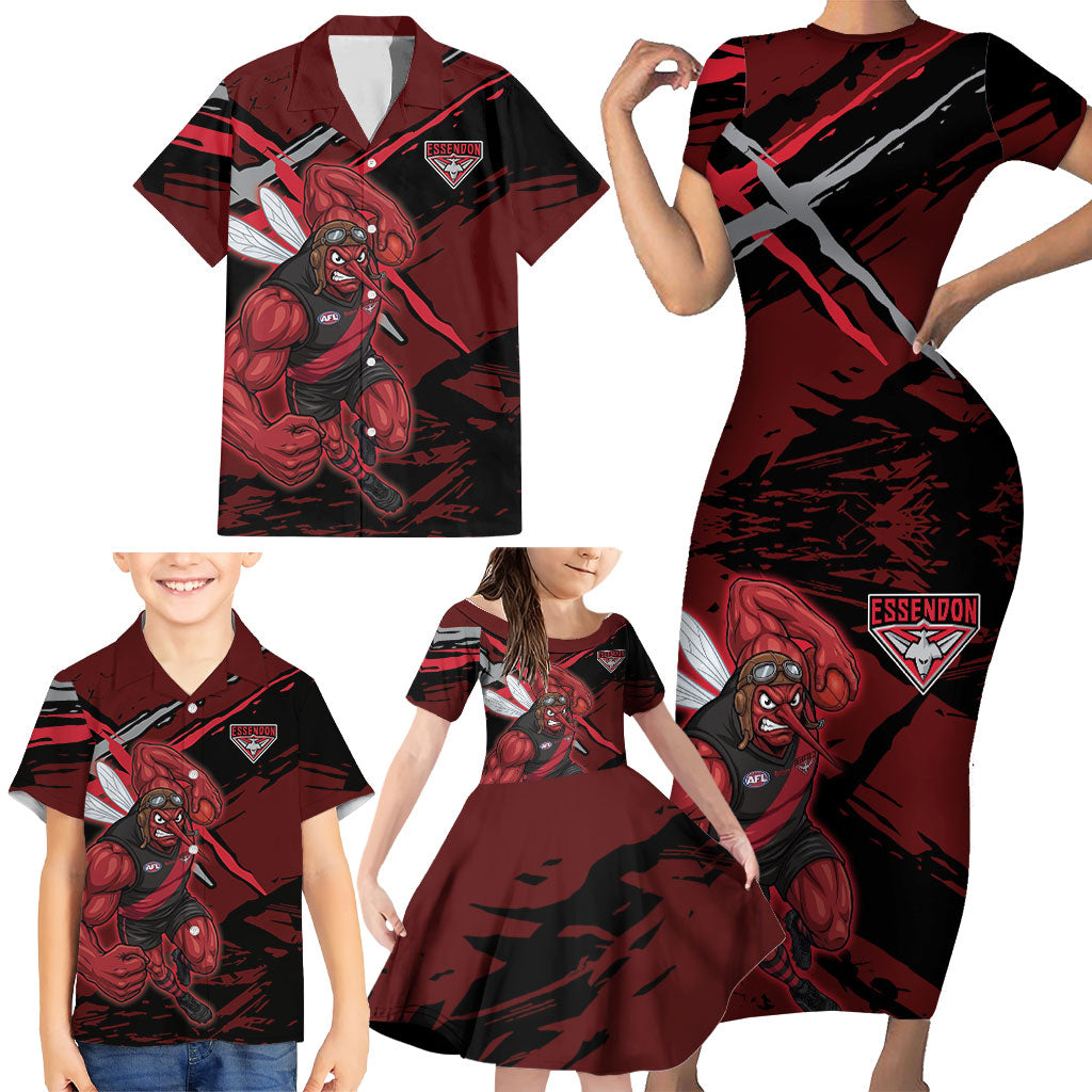 Essendon Football Club Family Matching Short Sleeve Bodycon Dress and Hawaiian Shirt Bombers Muscular Mascot Graphic - Abstract Paint Splatter Art