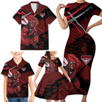 Essendon Football Club Family Matching Short Sleeve Bodycon Dress and Hawaiian Shirt Bombers Muscular Mascot Graphic - Abstract Paint Splatter Art