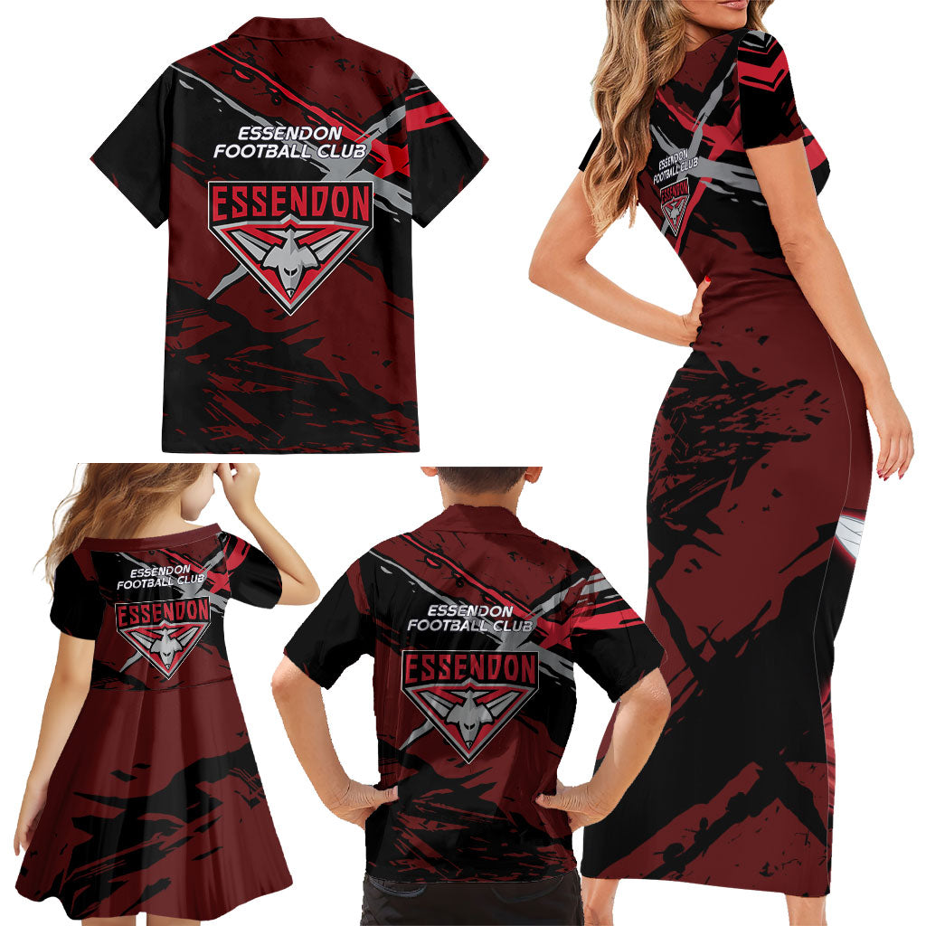 Essendon Football Club Family Matching Short Sleeve Bodycon Dress and Hawaiian Shirt Bombers Muscular Mascot Graphic - Abstract Paint Splatter Art