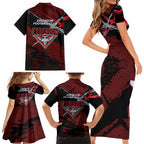 Essendon Football Club Family Matching Short Sleeve Bodycon Dress and Hawaiian Shirt Bombers Muscular Mascot Graphic - Abstract Paint Splatter Art