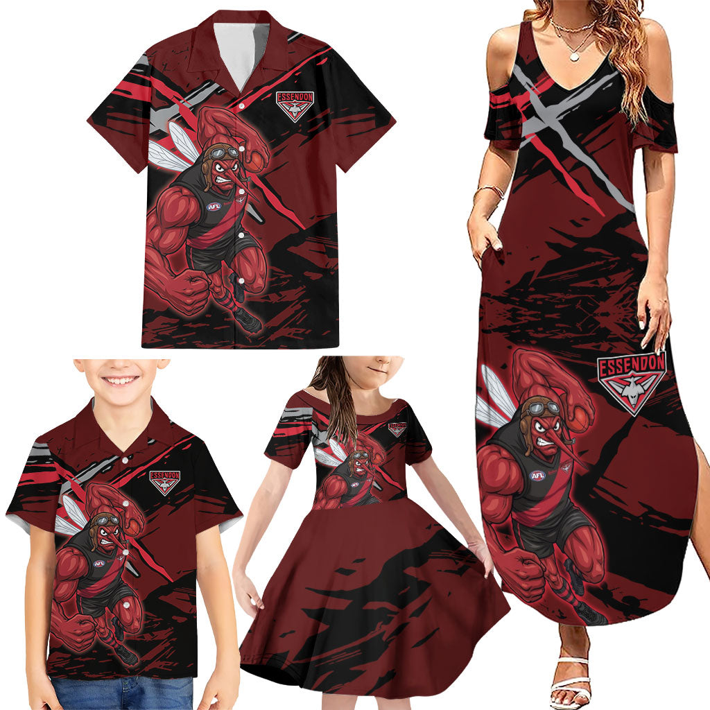 Essendon Football Club Family Matching Summer Maxi Dress and Hawaiian Shirt Bombers Muscular Mascot Graphic - Abstract Paint Splatter Art
