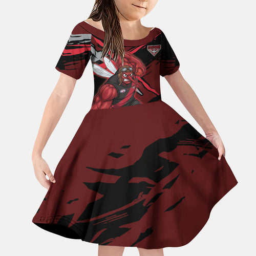Essendon Football Club Family Matching Summer Maxi Dress and Hawaiian Shirt Bombers Muscular Mascot Graphic - Abstract Paint Splatter Art
