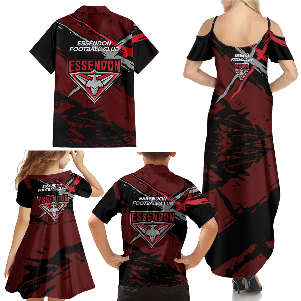 Essendon Football Club Family Matching Summer Maxi Dress and Hawaiian Shirt Bombers Muscular Mascot Graphic - Abstract Paint Splatter Art