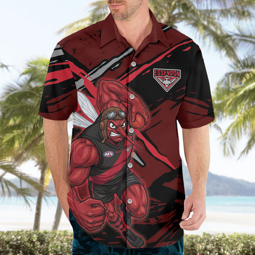 Essendon Football Club Hawaiian Shirt Bombers Muscular Mascot Graphic - Abstract Paint Splatter Art