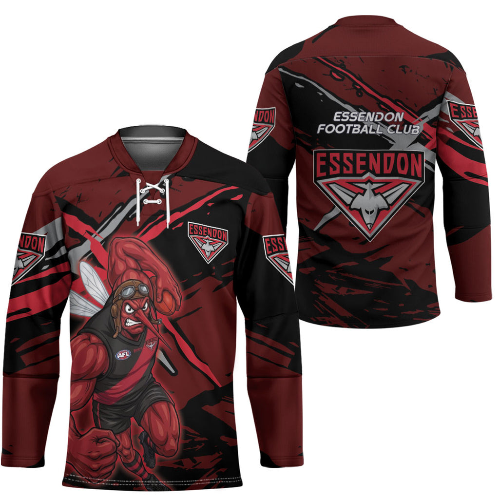 Essendon Football Club Hockey Jersey Bombers Muscular Mascot Graphic - Abstract Paint Splatter Art
