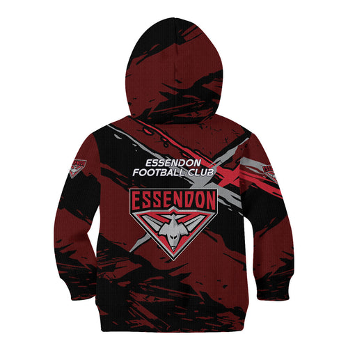 Essendon Football Club Kid Hoodie Bombers Muscular Mascot Graphic - Abstract Paint Splatter Art