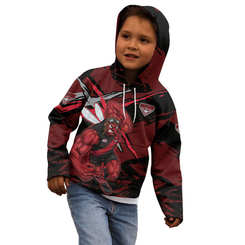 Essendon Football Club Kid Hoodie Bombers Muscular Mascot Graphic - Abstract Paint Splatter Art