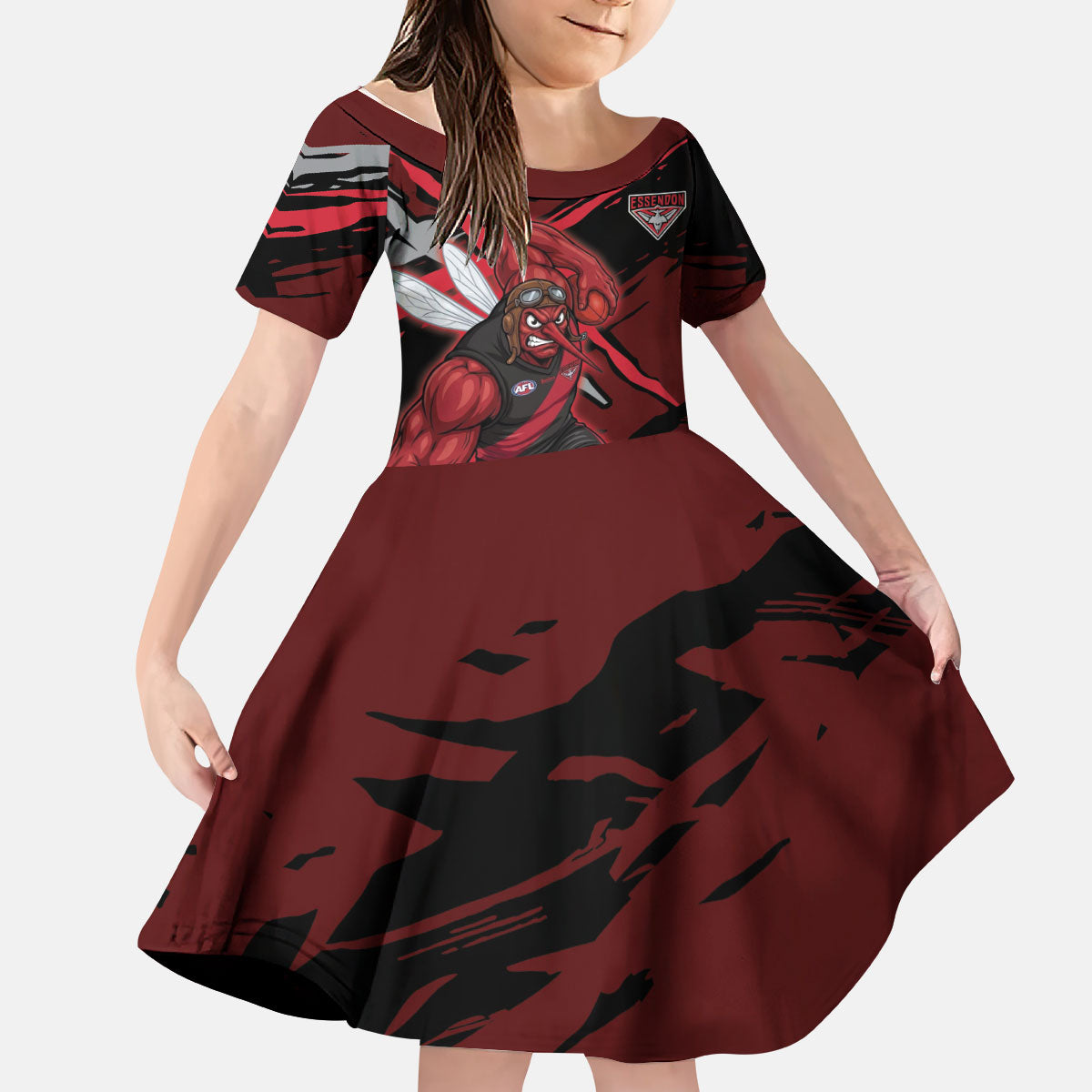 Essendon Football Club Kid Short Sleeve Dress Bombers Muscular Mascot Graphic - Abstract Paint Splatter Art