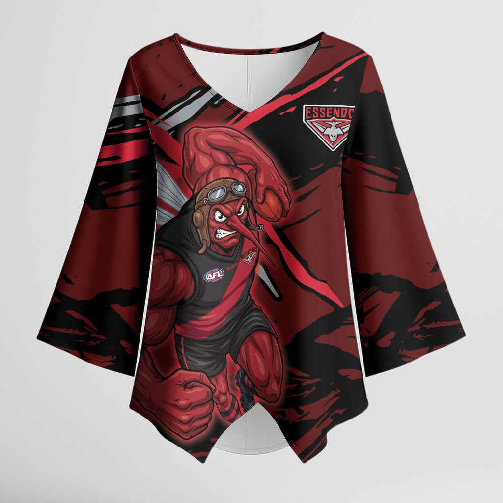 Essendon Football Club Kimono Sleeve Blouse Bombers Muscular Mascot Graphic - Abstract Paint Splatter Art