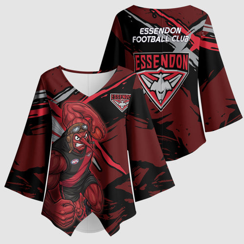 Essendon Football Club Kimono Sleeve Blouse Bombers Muscular Mascot Graphic - Abstract Paint Splatter Art