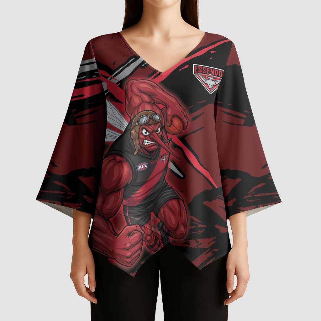 Essendon Football Club Kimono Sleeve Blouse Bombers Muscular Mascot Graphic - Abstract Paint Splatter Art
