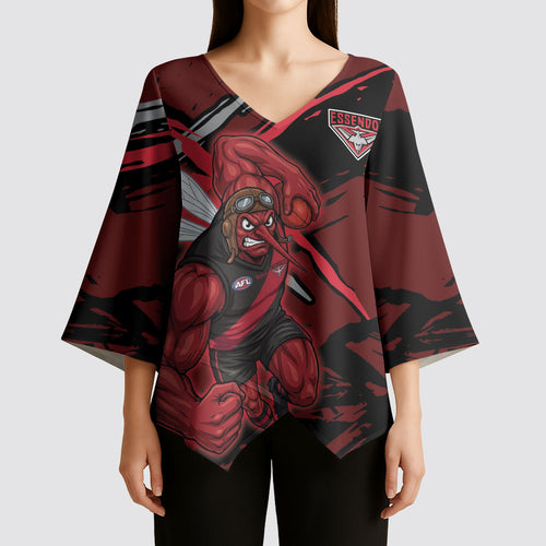 Essendon Football Club Kimono Sleeve Blouse Bombers Muscular Mascot Graphic - Abstract Paint Splatter Art