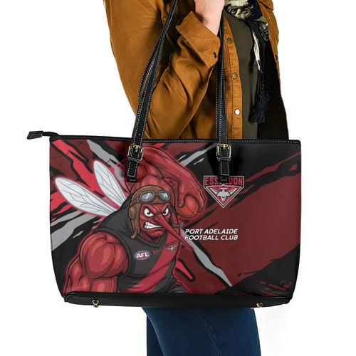 Essendon Football Club Leather Tote Bag Bombers Muscular Mascot Graphic - Abstract Paint Splatter Art