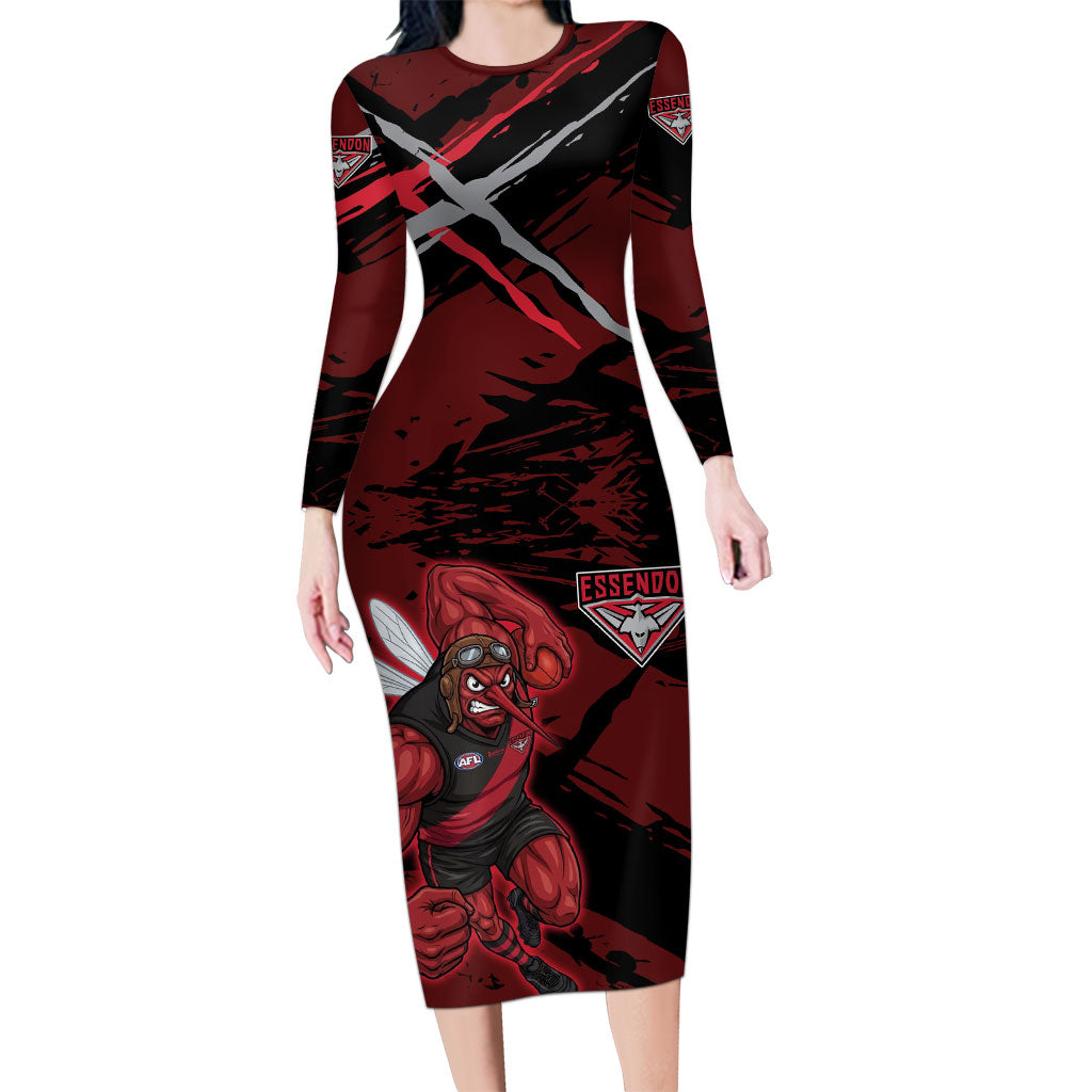 Essendon Football Club Long Sleeve Bodycon Dress Bombers Muscular Mascot Graphic - Abstract Paint Splatter Art