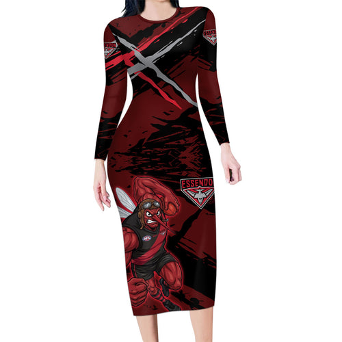 Essendon Football Club Long Sleeve Bodycon Dress Bombers Muscular Mascot Graphic - Abstract Paint Splatter Art