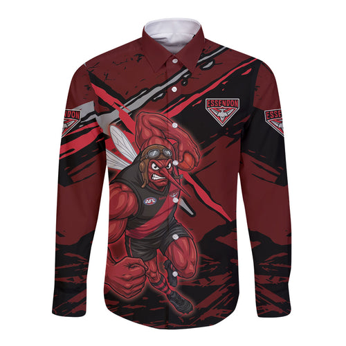 Essendon Football Club Long Sleeve Button Shirt Bombers Muscular Mascot Graphic - Abstract Paint Splatter Art