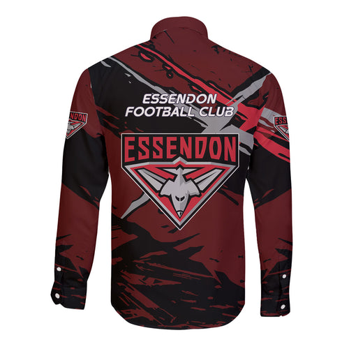 Essendon Football Club Long Sleeve Button Shirt Bombers Muscular Mascot Graphic - Abstract Paint Splatter Art