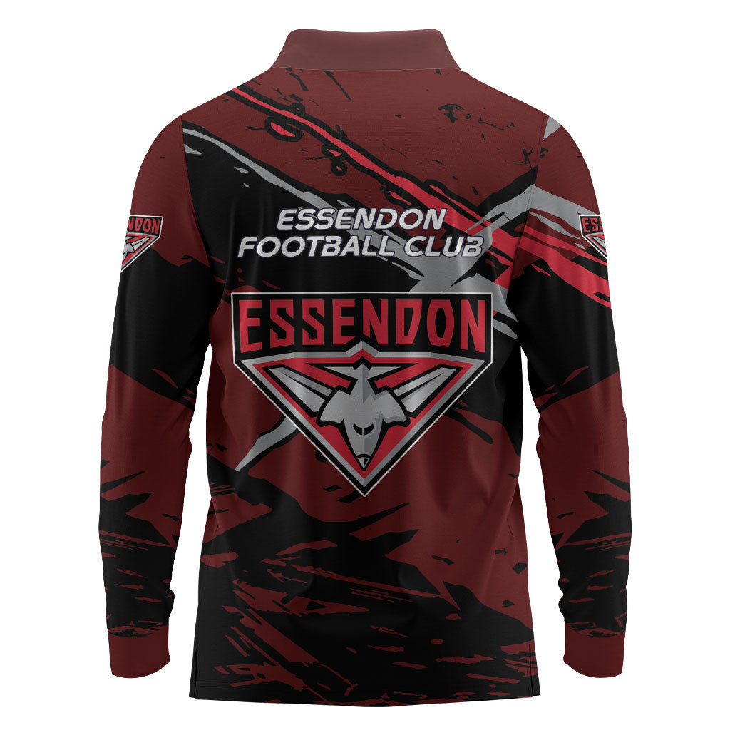 Essendon Football Club Long Sleeve Polo Shirt Bombers Muscular Mascot Graphic - Abstract Paint Splatter Art