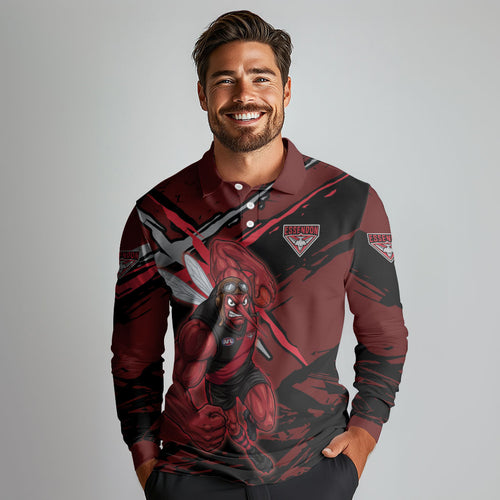 Essendon Football Club Long Sleeve Polo Shirt Bombers Muscular Mascot Graphic - Abstract Paint Splatter Art