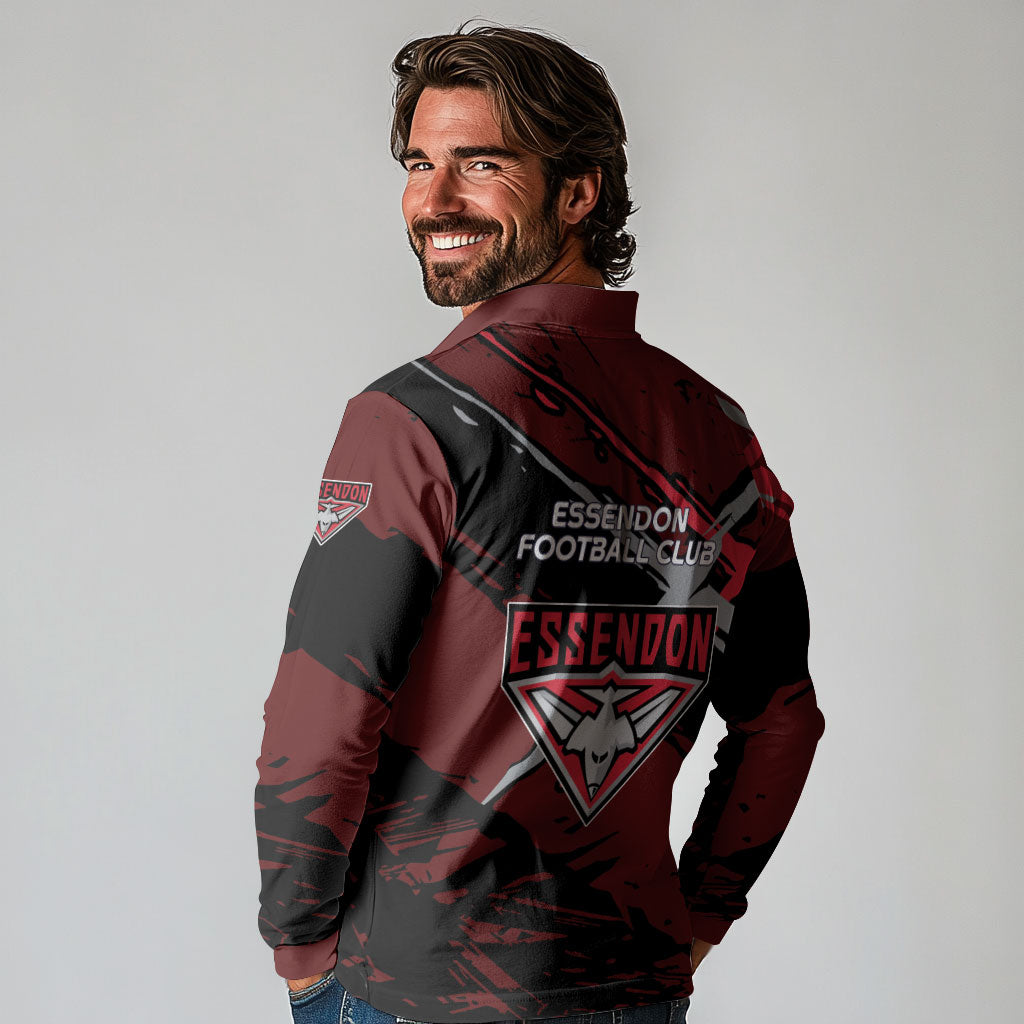 Essendon Football Club Long Sleeve Polo Shirt Bombers Muscular Mascot Graphic - Abstract Paint Splatter Art