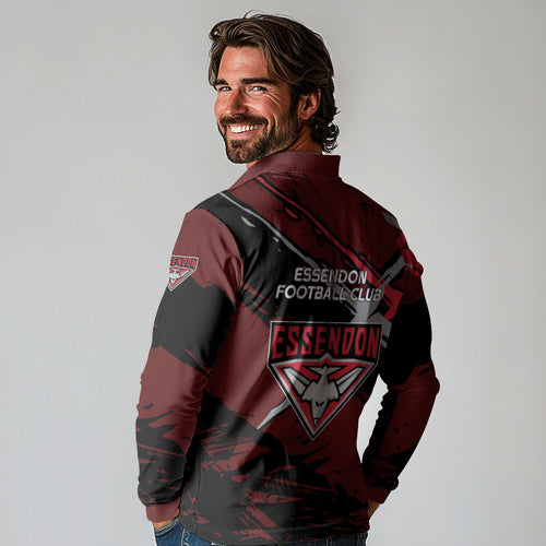 Essendon Football Club Long Sleeve Polo Shirt Bombers Muscular Mascot Graphic - Abstract Paint Splatter Art