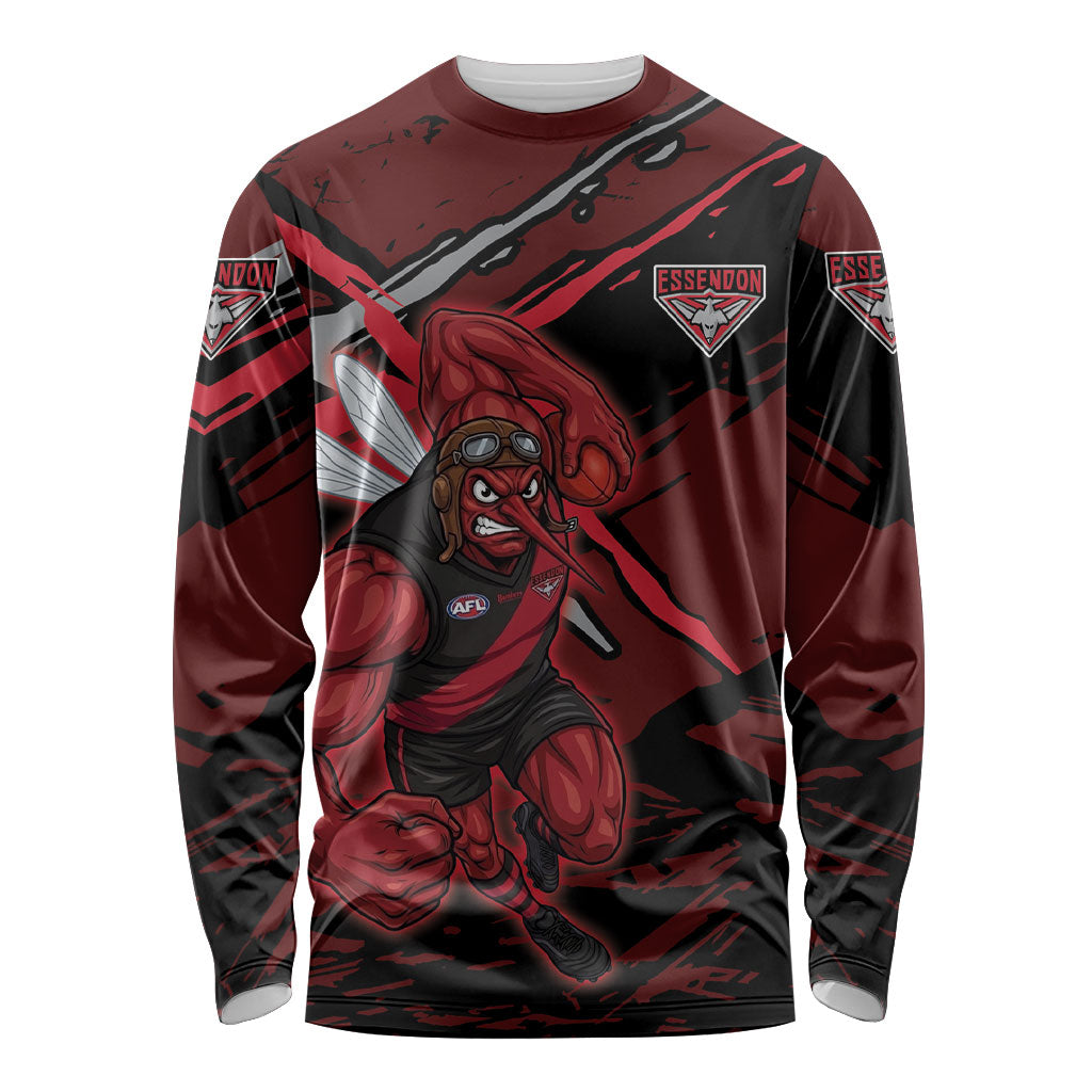 Essendon Football Club Long Sleeve Shirt Bombers Muscular Mascot Graphic - Abstract Paint Splatter Art