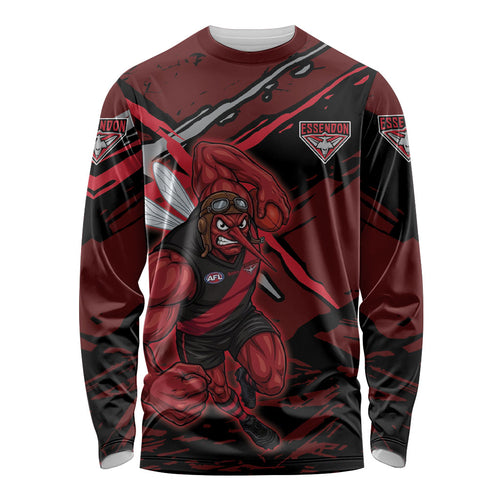 Essendon Football Club Long Sleeve Shirt Bombers Muscular Mascot Graphic - Abstract Paint Splatter Art