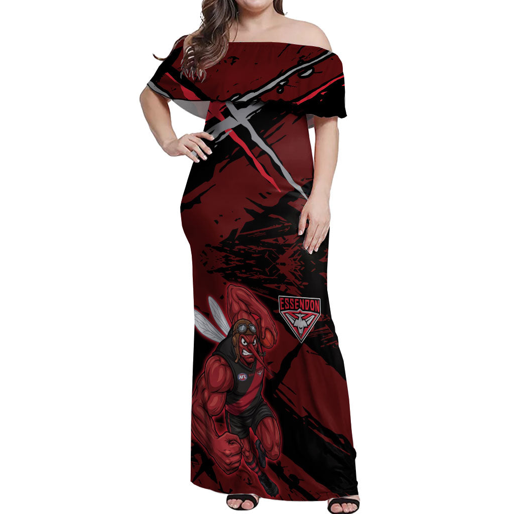 Essendon Football Club Off Shoulder Maxi Dress Bombers Muscular Mascot Graphic - Abstract Paint Splatter Art