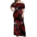 Essendon Football Club Off Shoulder Maxi Dress Bombers Muscular Mascot Graphic - Abstract Paint Splatter Art