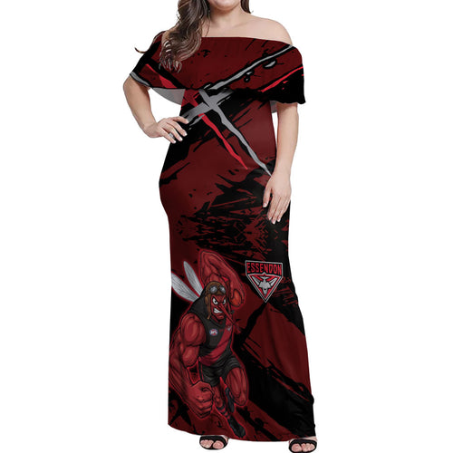 Essendon Football Club Off Shoulder Maxi Dress Bombers Muscular Mascot Graphic - Abstract Paint Splatter Art