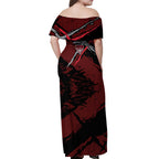 Essendon Football Club Off Shoulder Maxi Dress Bombers Muscular Mascot Graphic - Abstract Paint Splatter Art