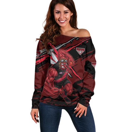 Essendon Football Club Off Shoulder Sweater Bombers Muscular Mascot Graphic - Abstract Paint Splatter Art
