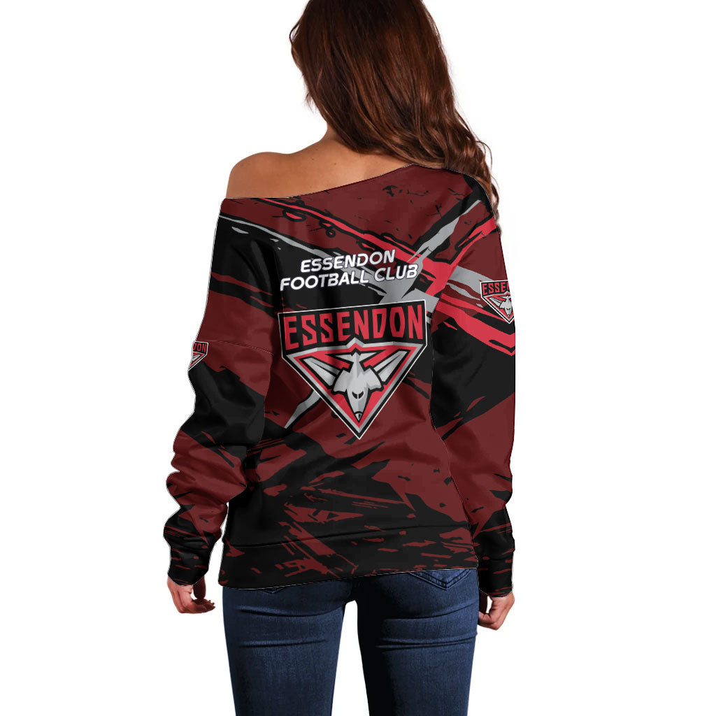 Essendon Football Club Off Shoulder Sweater Bombers Muscular Mascot Graphic - Abstract Paint Splatter Art