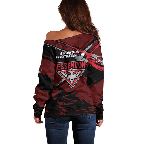 Essendon Football Club Off Shoulder Sweater Bombers Muscular Mascot Graphic - Abstract Paint Splatter Art