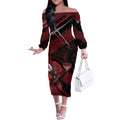 Essendon Football Club Off The Shoulder Long Sleeve Dress Bombers Muscular Mascot Graphic - Abstract Paint Splatter Art