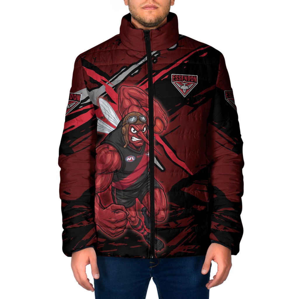 Essendon Football Club Padded Jacket Bombers Muscular Mascot Graphic - Abstract Paint Splatter Art