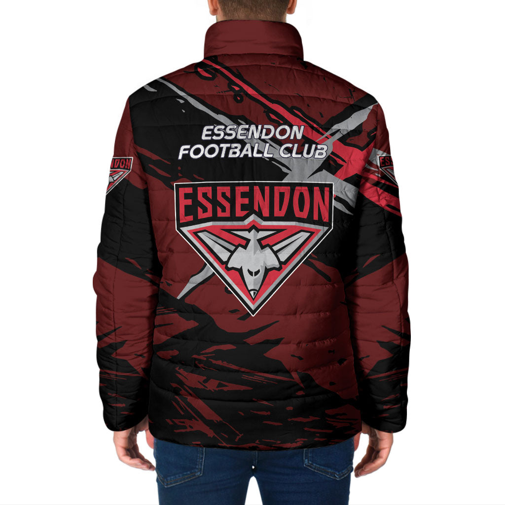 Essendon Football Club Padded Jacket Bombers Muscular Mascot Graphic - Abstract Paint Splatter Art