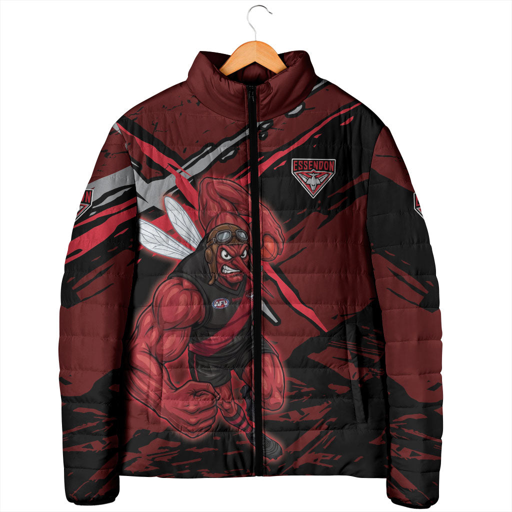 Essendon Football Club Padded Jacket Bombers Muscular Mascot Graphic - Abstract Paint Splatter Art