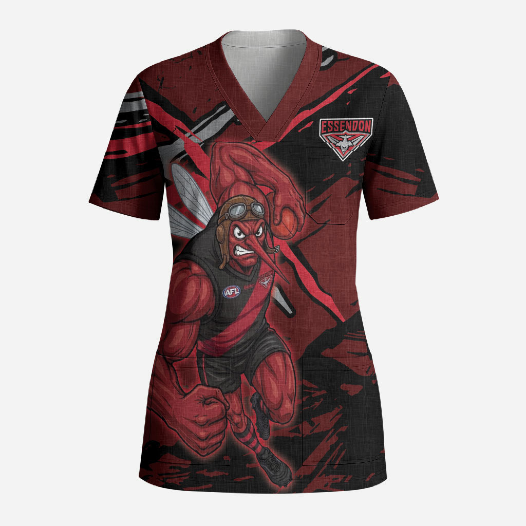 Essendon Football Club Scrub Top Bombers Muscular Mascot Graphic - Abstract Paint Splatter Art