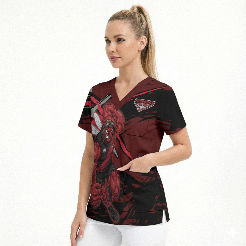 Essendon Football Club Scrub Top Bombers Muscular Mascot Graphic - Abstract Paint Splatter Art