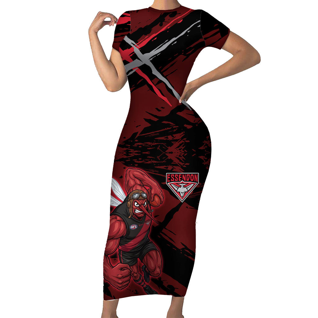 Essendon Football Club Short Sleeve Bodycon Dress Bombers Muscular Mascot Graphic - Abstract Paint Splatter Art