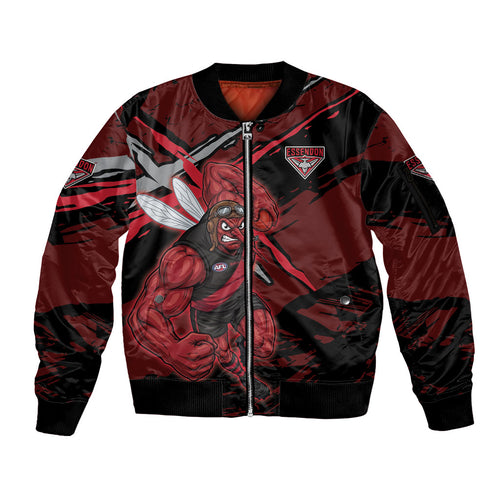 Essendon Football Club Sleeve Zip Bomber Jacket Bombers Muscular Mascot Graphic - Abstract Paint Splatter Art