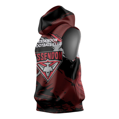 Essendon Football Club Sleeveless Hoodie Bombers Muscular Mascot Graphic - Abstract Paint Splatter Art
