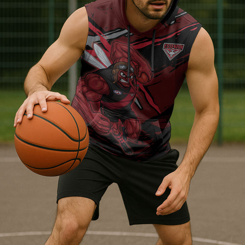 Essendon Football Club Sleeveless Hoodie Bombers Muscular Mascot Graphic - Abstract Paint Splatter Art