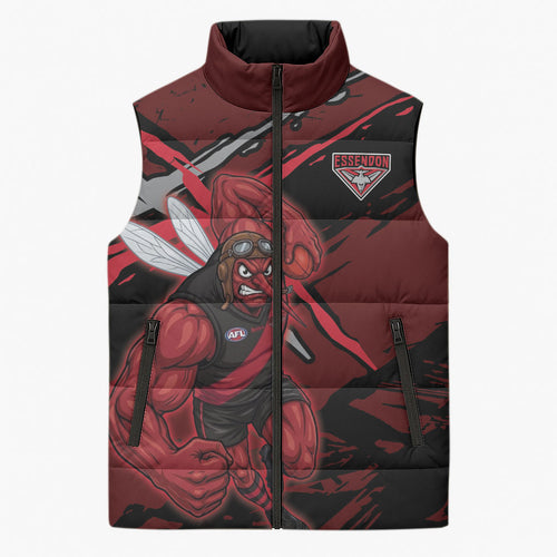 Essendon Football Club Sleeveless Puffer Jacket Bombers Muscular Mascot Graphic - Abstract Paint Splatter Art