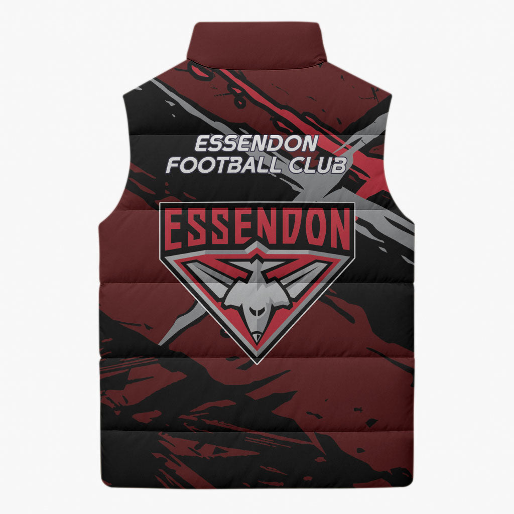 Essendon Football Club Sleeveless Puffer Jacket Bombers Muscular Mascot Graphic - Abstract Paint Splatter Art